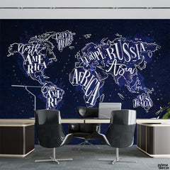 Blue World Map Drawing Style With Typography | Office Wallpaper Mural - Prime Décor