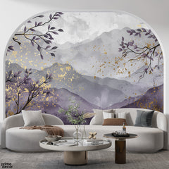 Abstract Watercolor Mountains & Branches With Purple & Gold Accents | Modern Luxury Wallpaper Mural