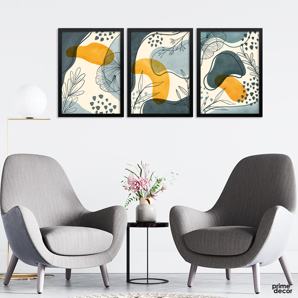 Blue & Gold Abstract Floral Design (3 Panel) Floral Wall Art - Prime Décor