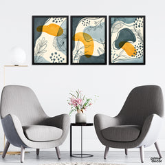 Blue & Gold Abstract Floral Design (3 Panel) Floral Wall Art - Prime Décor