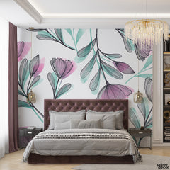Minimal Violet & Teal Green Flowers Line-art Style | Floral Wallpaper Mural - Prime Décor