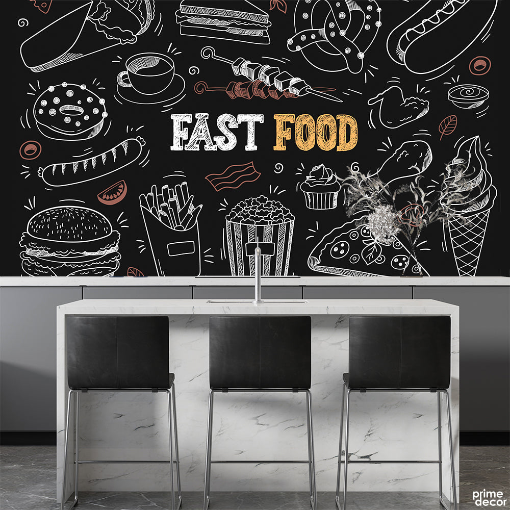 White & Brownish Fast Food Illustrations On Black Background | Restaurant Wallpaper Mural - Prime Décor