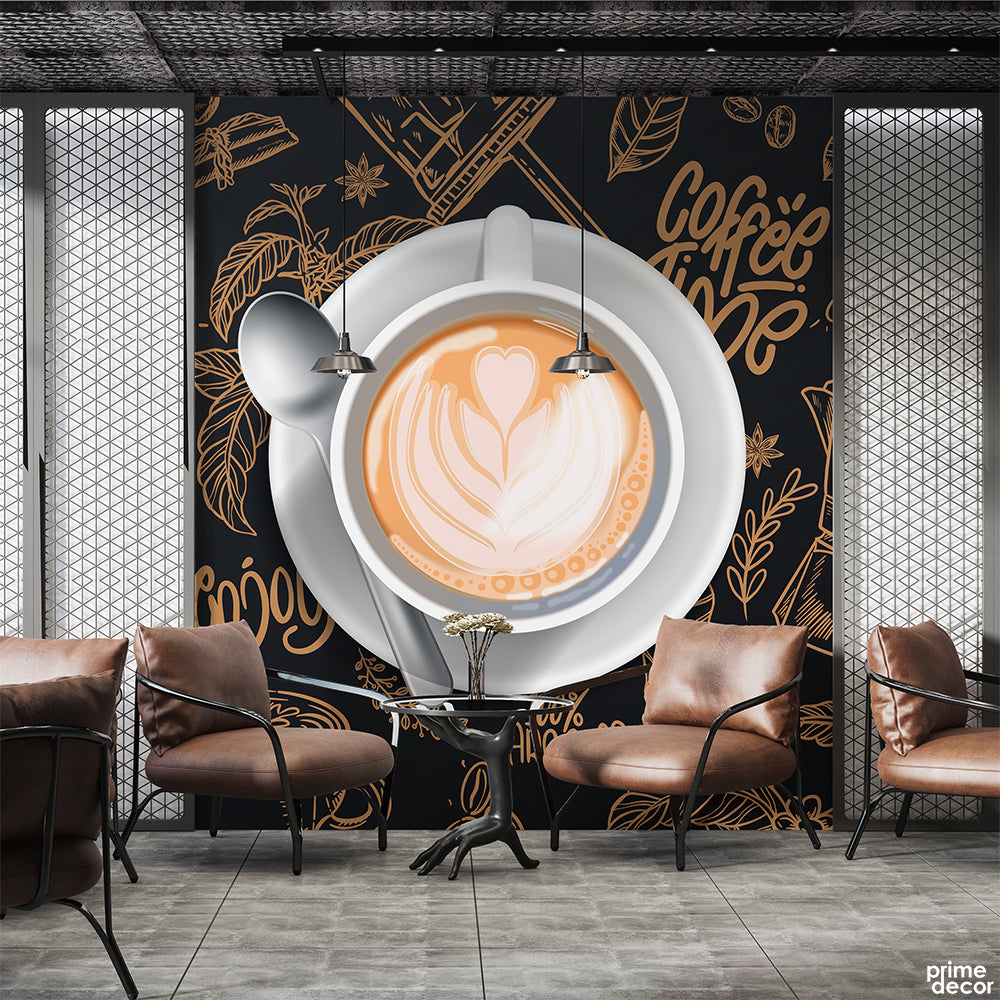 Coffee Latte Cup Top View With Brown Typography | Cafe Wallpaper Mural - Prime Décor