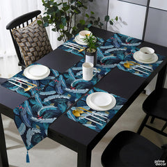 Faded Jade Blue Exotic Tropical Leaves | Table Runner and Placemat Set