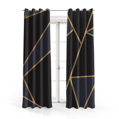 Elegant Black & Navy Blue Golden Foil | Abstract Curtains #123