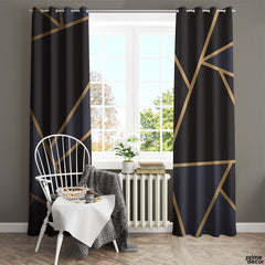 Elegant Black & Navy Blue Golden Foil | Abstract Curtains #123