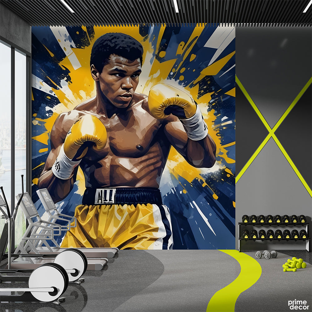 Muhammad Ali With Yellow & Blue Geometric Splashes | Gym Wallpaper Mural - Prime Décor
