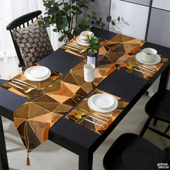 Tan & Cocoa Brown Abstract Geometric Triangular Shapes | Table Runner and Placemat Set