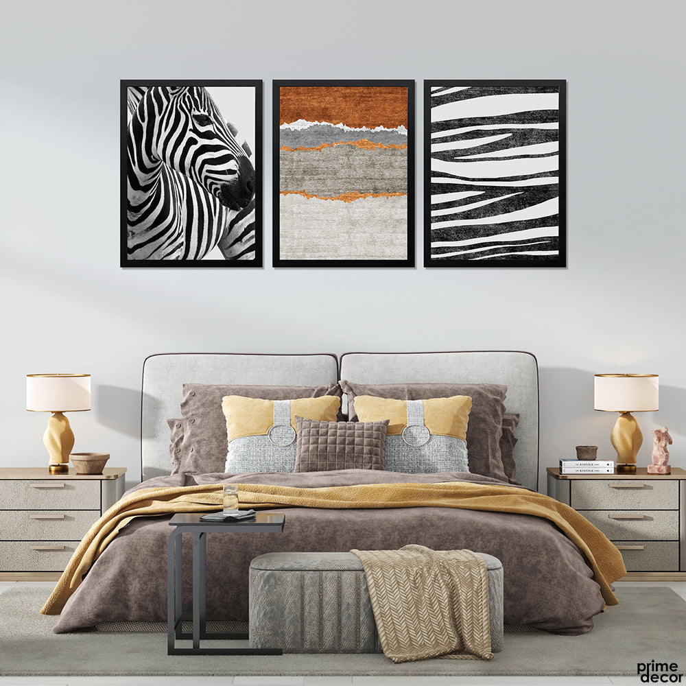 Sienna Color Abstract With Zebra Stripes (3 Panel) Office Wall Art - Prime Décor
