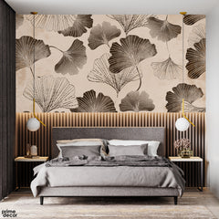 Beautiful Black & White Floral Artwork Over Beige Background | Floral Wallpaper Mural