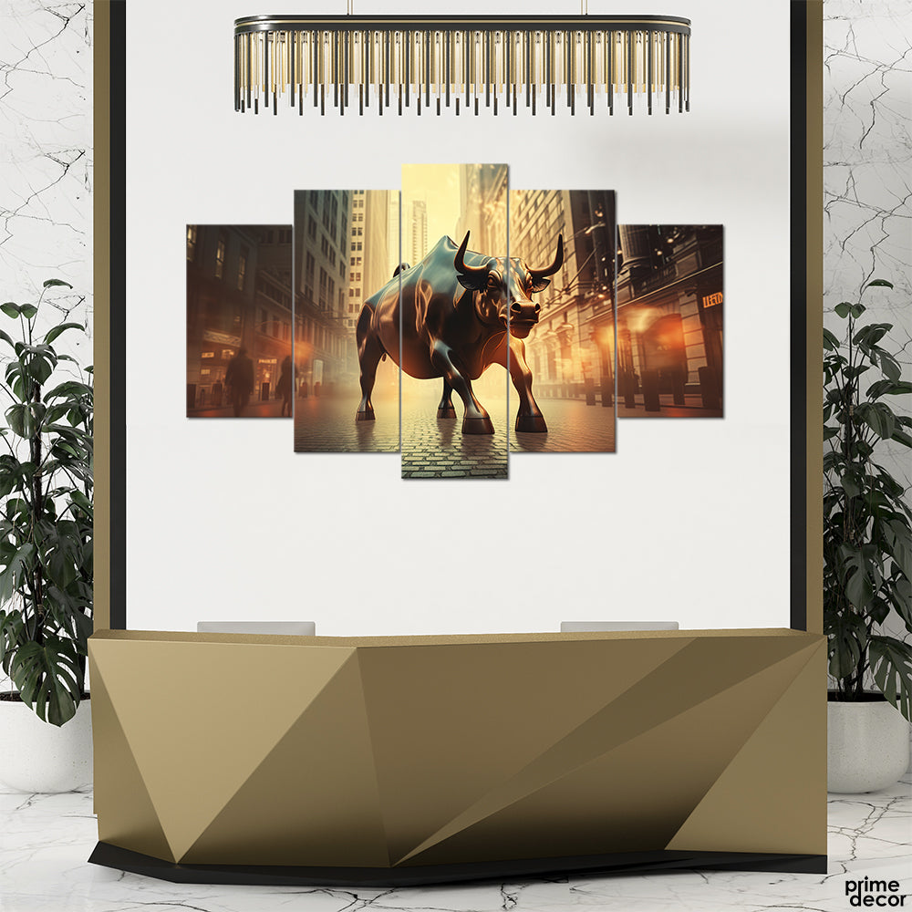 Gold Stock Market Bull Run (5 Panel) Office Wall Art - Prime Décor