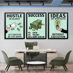 Hustle Success Ideas Typography Motivation (3 Panel) Motivational Wall Art