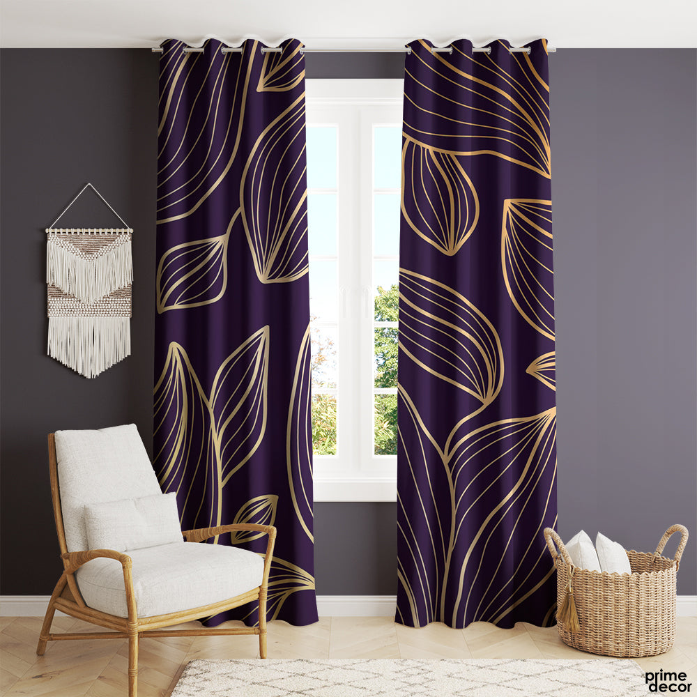Deep Purple & Gold Leaves | Floral Curtains #012 - Prime Décor