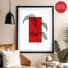 Black Leaves Abstract Design Over Red & White Background | Abstract Office Artwork #00130 - Prime Décor