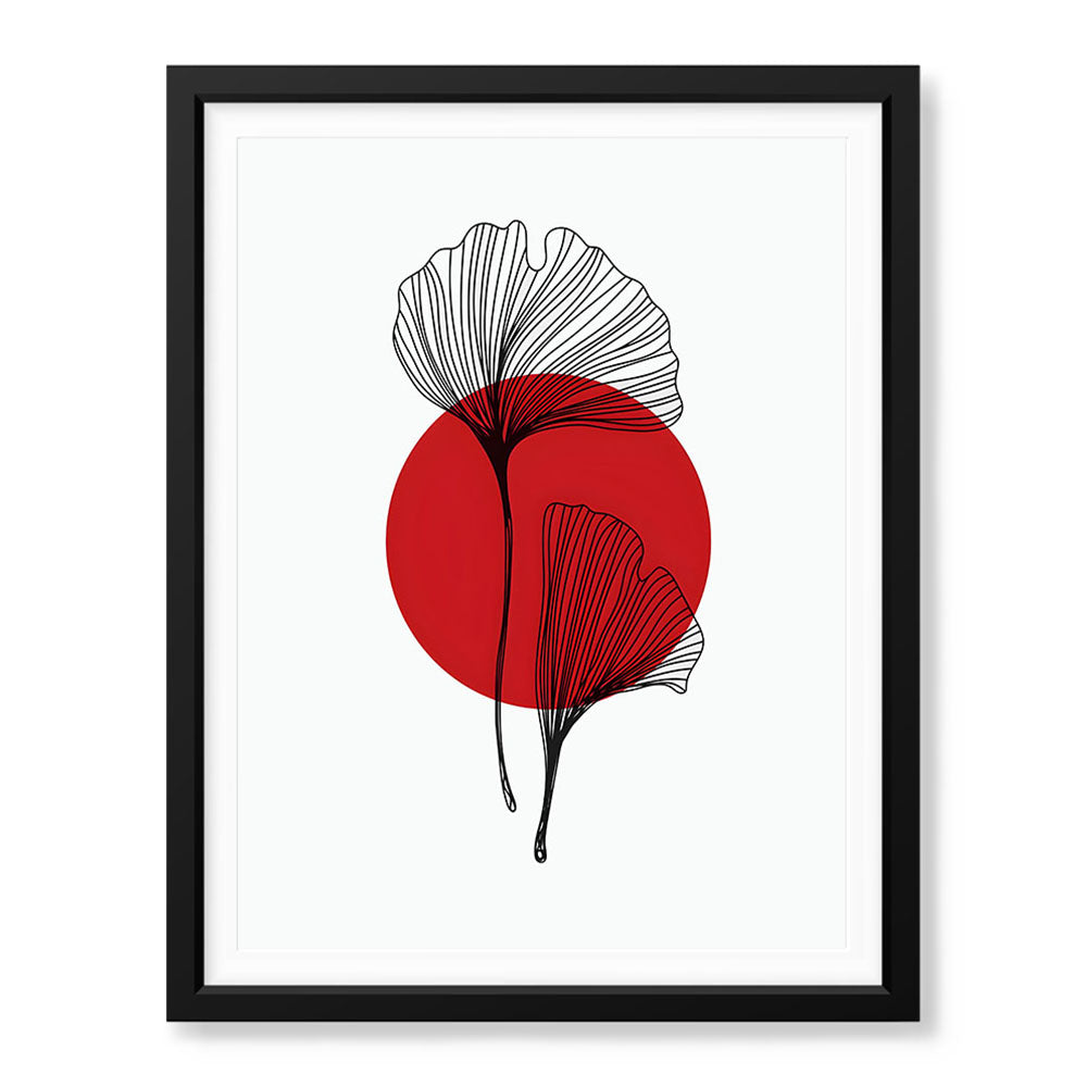 Black Leaves Abstract Design With Red Moon & White Background | Abstract Office Artwork #00131 - Prime Décor