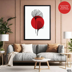 Black Leaves Abstract Design With Red Moon & White Background | Abstract Office Artwork #00131 - Prime Décor