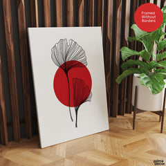 Black Leaves Abstract Design With Red Moon & White Background | Abstract Office Artwork #00131 - Prime Décor