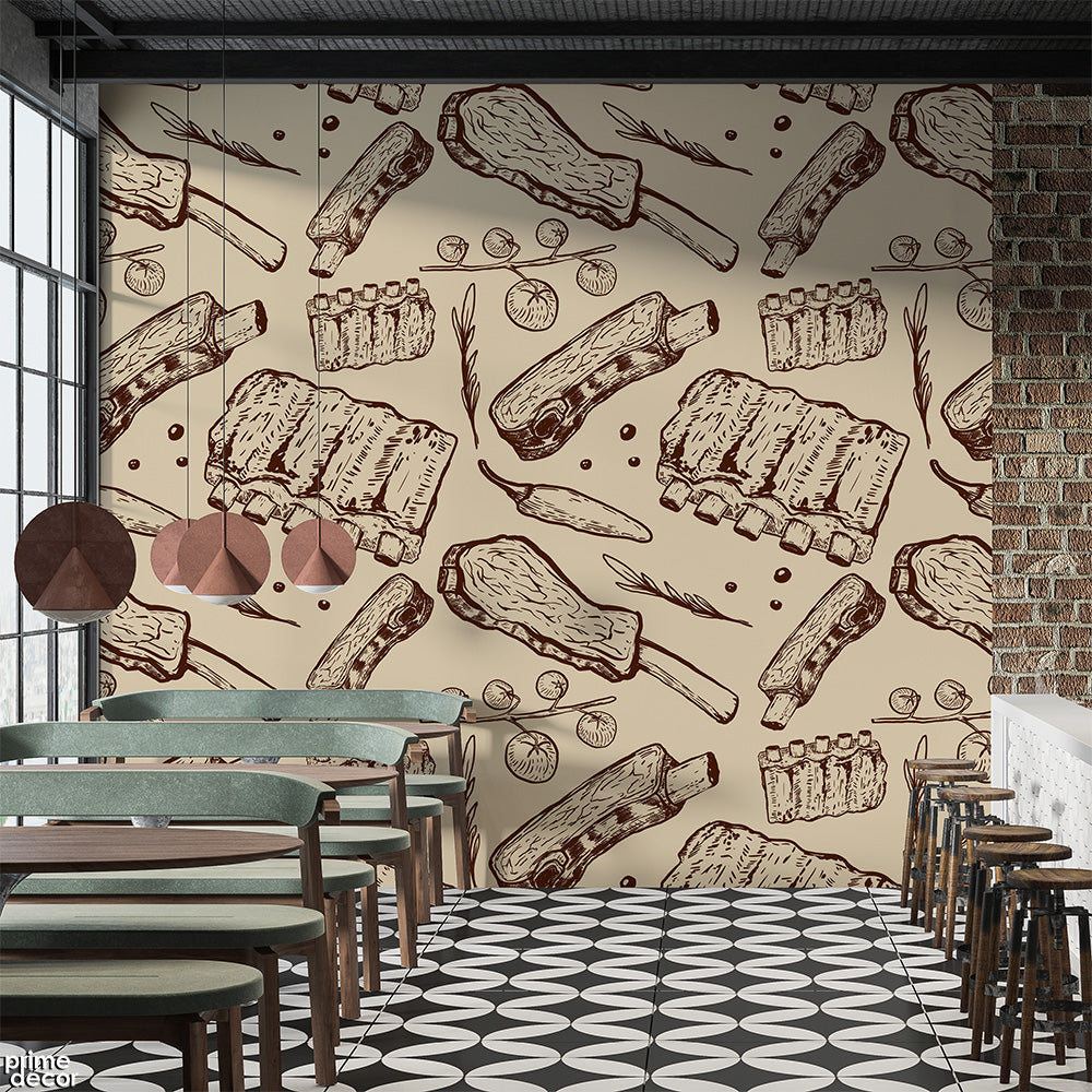 Brown BBQ Meat Pieces Hand Drawn Style Illustrations | Restaurant Wallpaper Mural - Prime Décor