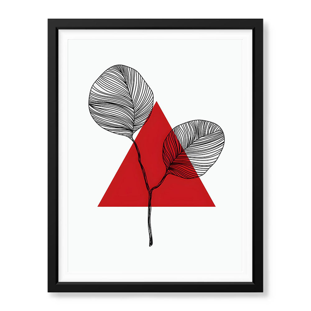Black Leaves Abstract Design With Red Triangle & White Background | Abstract Office Artwork #00132 - Prime Décor