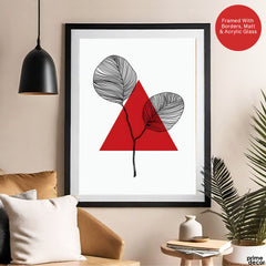 Black Leaves Abstract Design With Red Triangle & White Background | Abstract Office Artwork #00132 - Prime Décor