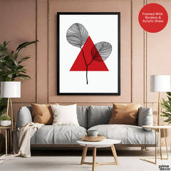 Black Leaves Abstract Design With Red Triangle & White Background | Abstract Office Artwork #00132 - Prime Décor