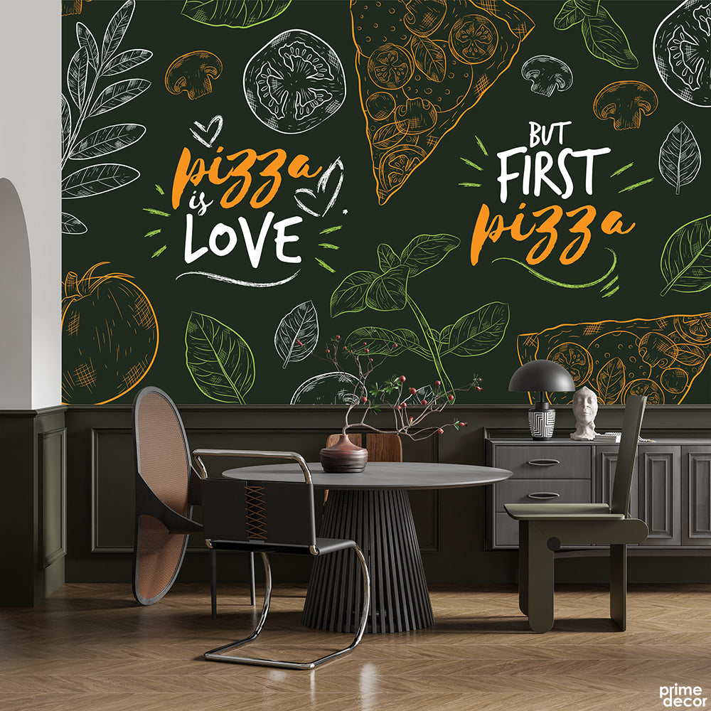 But First Pizza Typography With Green & Mustard Fast Food Illustratoins | Restaurant Wallpaper Mural - Prime Décor