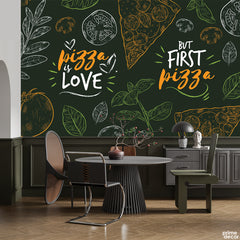 But First Pizza Typography With Green & Mustard Fast Food Illustratoins | Restaurant Wallpaper Mural - Prime Décor