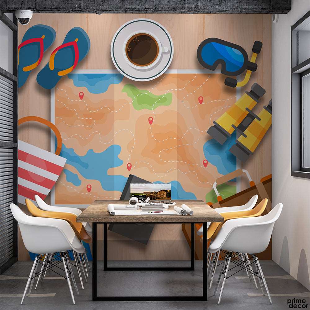 Beach Elements With Map And Diving Gear | Travel Wallpaper Mural - Prime Décor