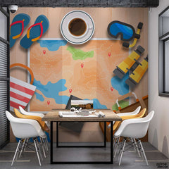 Beach Elements With Map And Diving Gear | Travel Wallpaper Mural - Prime Décor