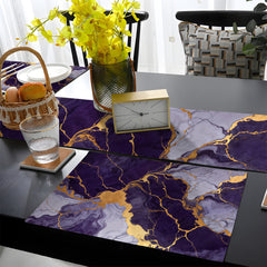 Midnight Purple & Gold Abstract Acrylic Fluid Style | Table Runner and Placemat Set