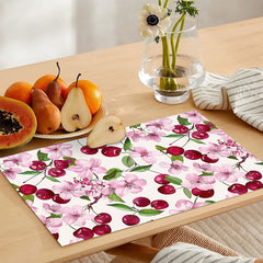 Pink Cherry Blossom Flowers with Juicy Red Cherries | Table Runner and Placemat Set