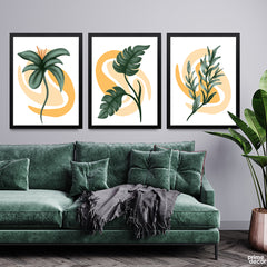 Abstract Green & Gold Leaves Over White Background (3 Panel) Floral Wall Art