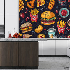 Fast Food Artwork Over Black Background | Food Wallpaper Mural