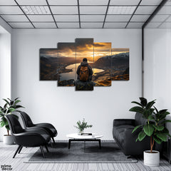 Guy Sitting On Mountain Over The Lake (5 Panel) Landscape Wall Art - Prime Décor