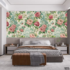Vintage Pink Peonies & Lush Greenery With Subtle Garden Pavilions | Romantic Botanical Wallpaper Mural