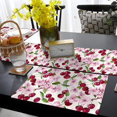 Pink Cherry Blossom Flowers with Juicy Red Cherries | Table Runner and Placemat Set