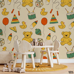 Cute Yellow Teddies & Ducks Illustration | Nursery Wallpaper Mural - Prime Décor