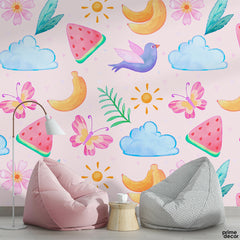 Watercolor Pink Butterflies & Watermelon Cute Illustration | Nursery Wallpaper Mural - Prime Décor