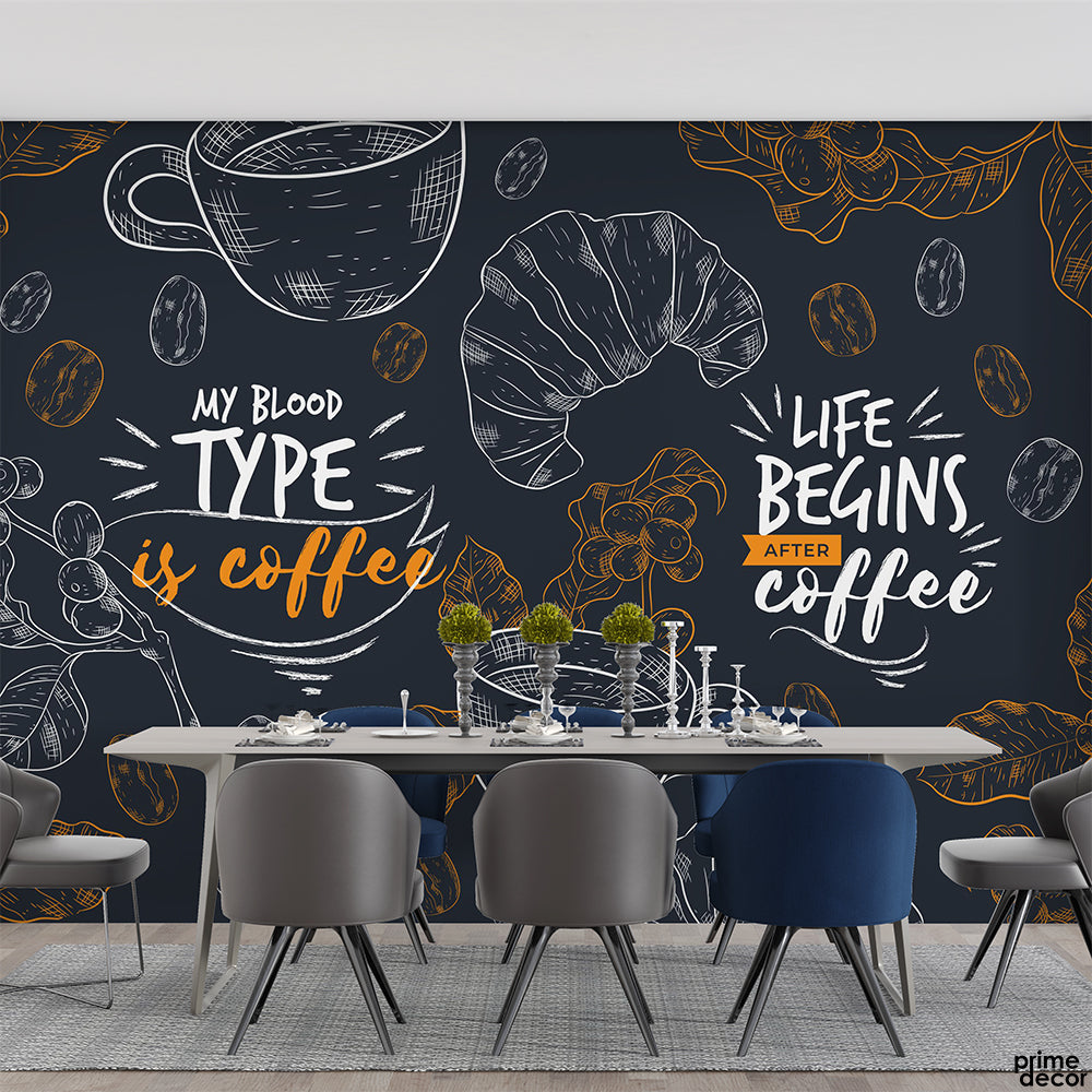 Life Begins After Coffee Cafe Design Blue & Yellow Typography | Restaurant Wallpaper Mural - Prime Décor