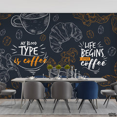 Life Begins After Coffee Cafe Design Blue & Yellow Typography | Restaurant Wallpaper Mural - Prime Décor