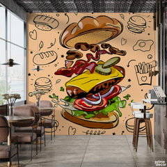 Mushroom Beef Burger Hand Drawn Fast Food Illustrations | Restaurant Wallpaper Mural - Prime Décor