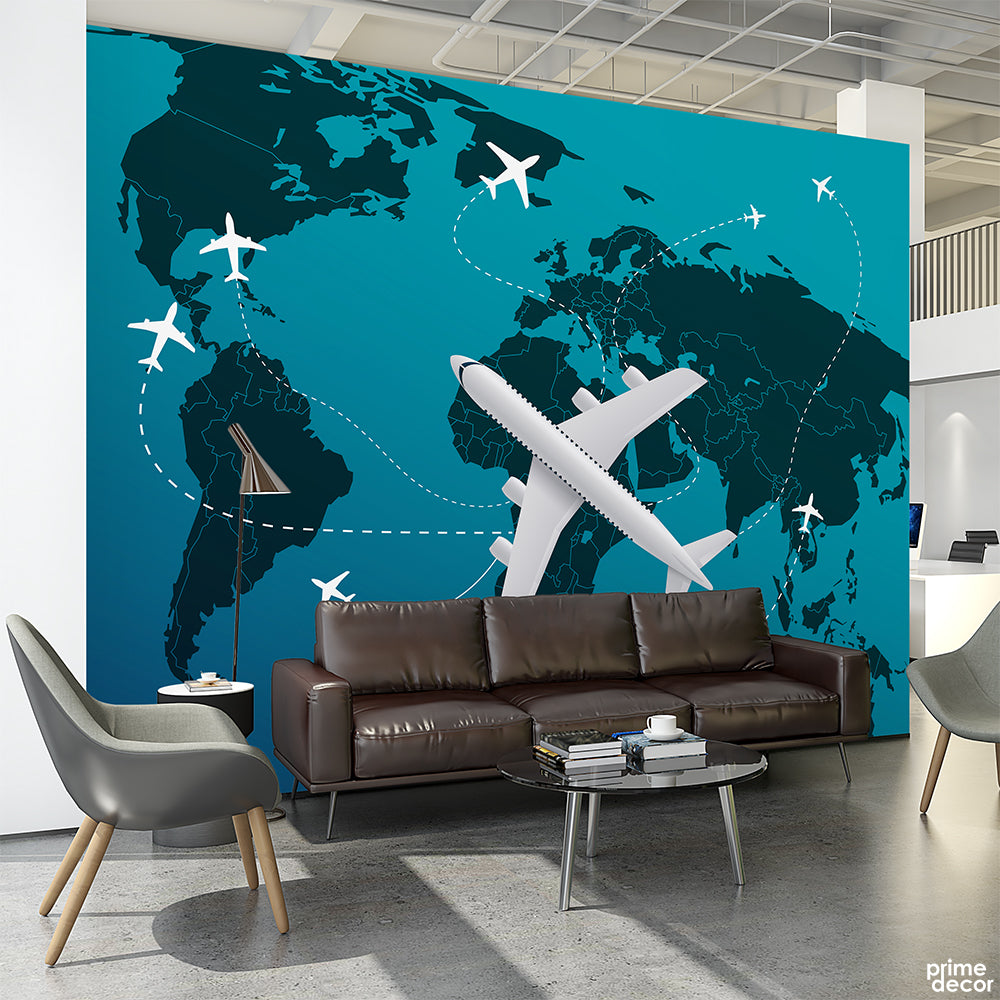 Plane Over Pacific Blue World Map | Travel Wallpaper Mural - Prime Décor