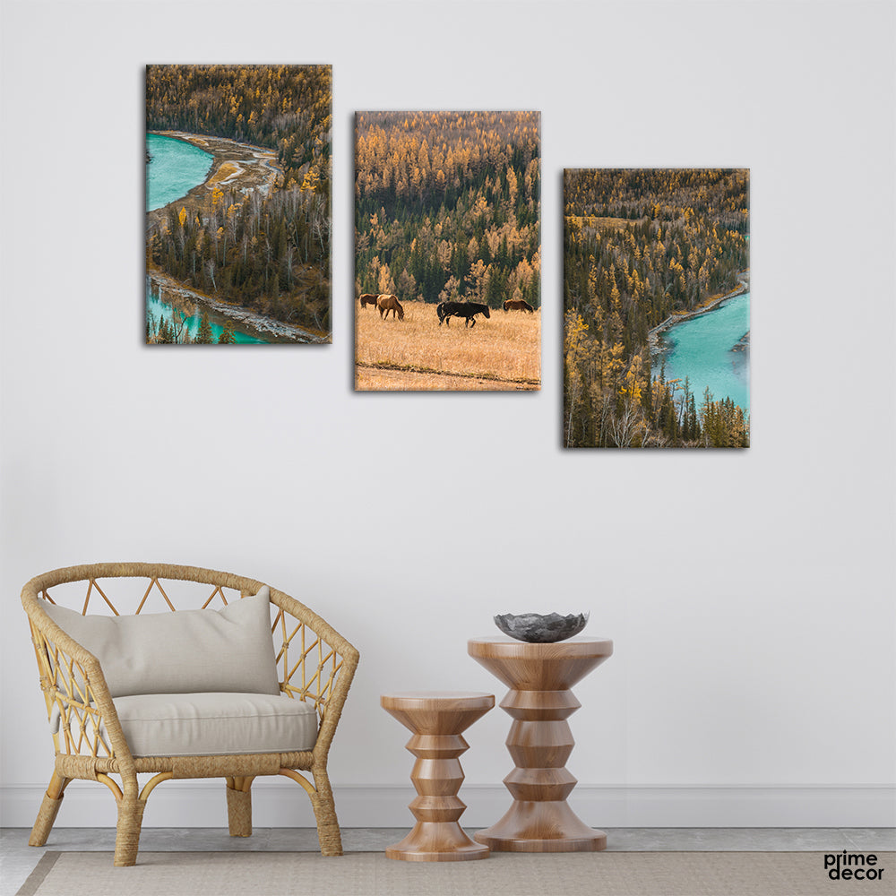 Horses in the Lakes (3 Panel) Landscape Wall Art - Prime Décor