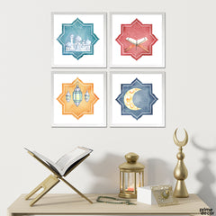 Watercolor Islamic Elements On White Background (4 Panel) Islamic Wall Art - Prime Décor