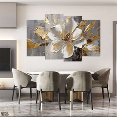 Beautiful White Flower Over Grey & Gold Background | Floral Wall Art