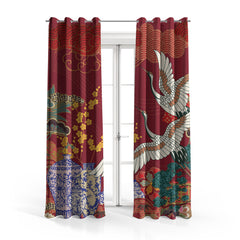 Classic Chinese Cranes & Vases With Vibrant Red Background | Nordic Curtains #152 - Prime Décor
