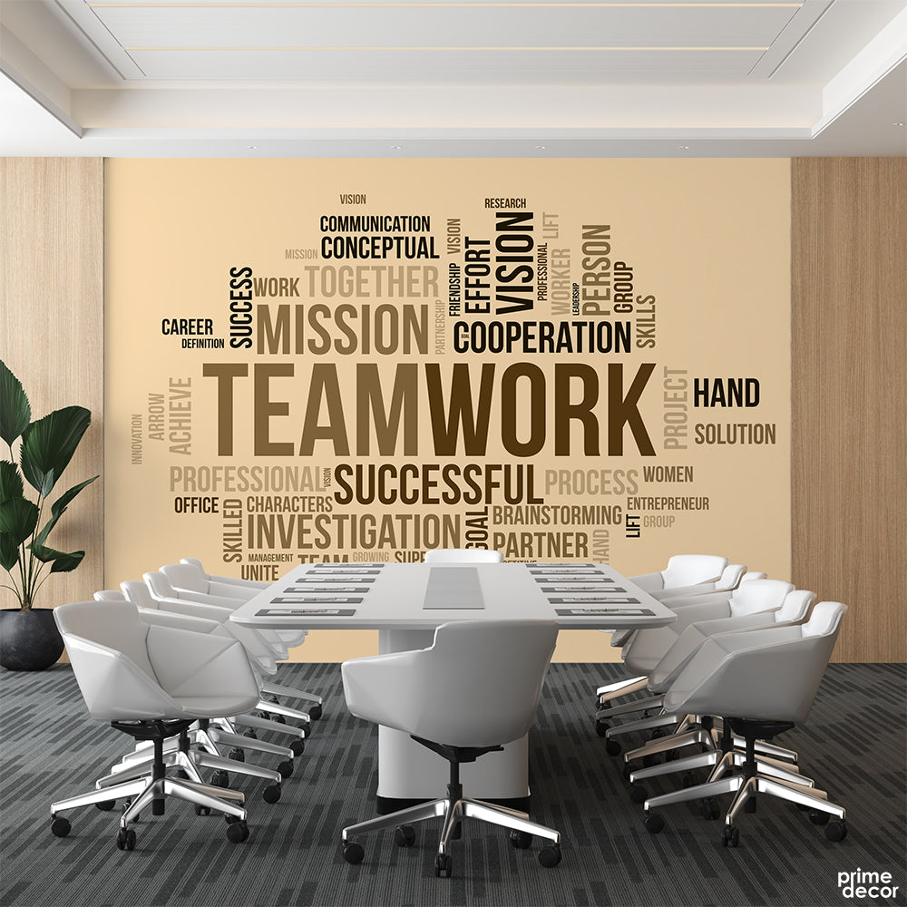 Teamwork Mix Typography With Beige Background | Office Wallpaper Mural - Prime Décor