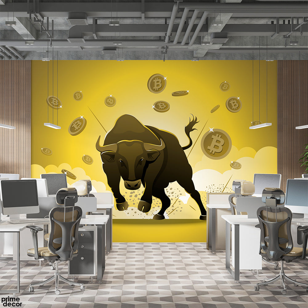 Yellow Stock Exchange Bull Run With Bitcoins | Office Wallpaper Mural - Prime Décor