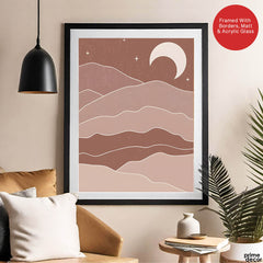 Brown & Beige Abstract Mountains Portrait With White Moon | Abstract Office Artwork #00155 - Prime Décor