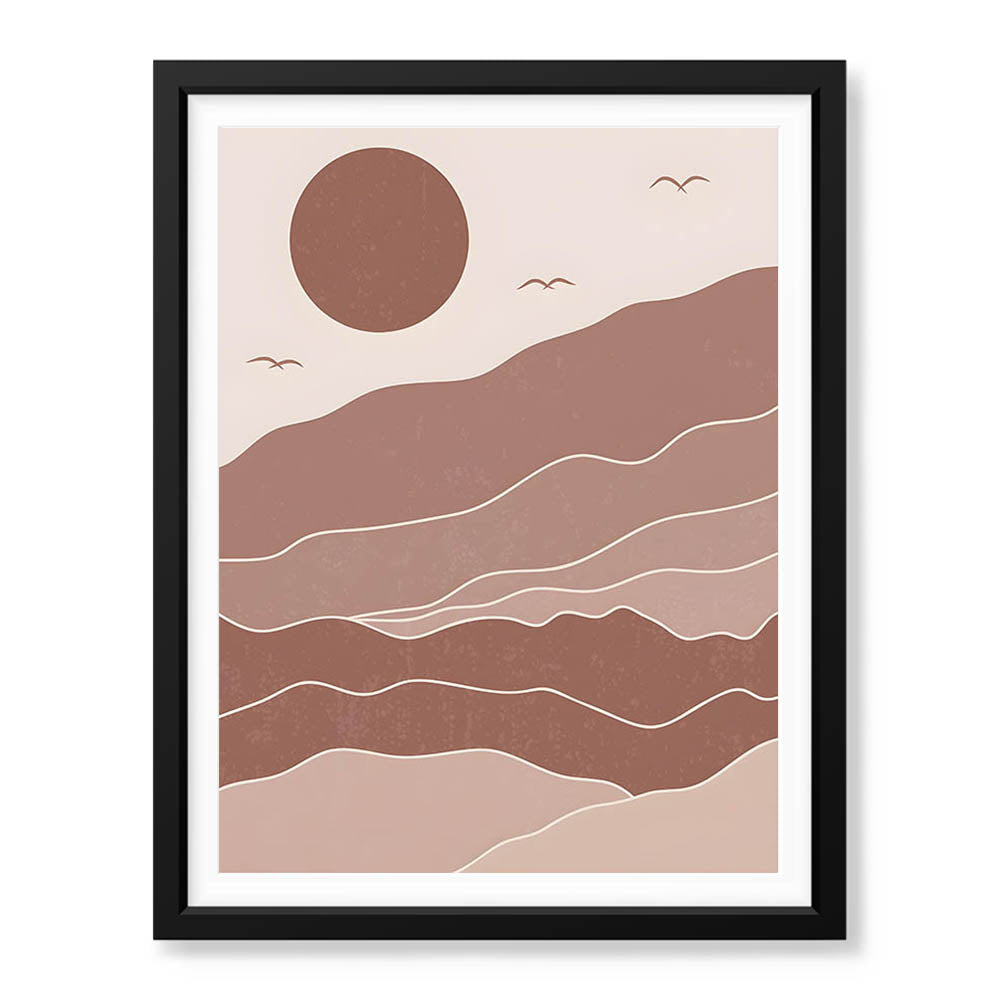 Brown & Beige Abstract Mountains Portrait With Full Moon | Abstract Office Artwork #00156 - Prime Décor